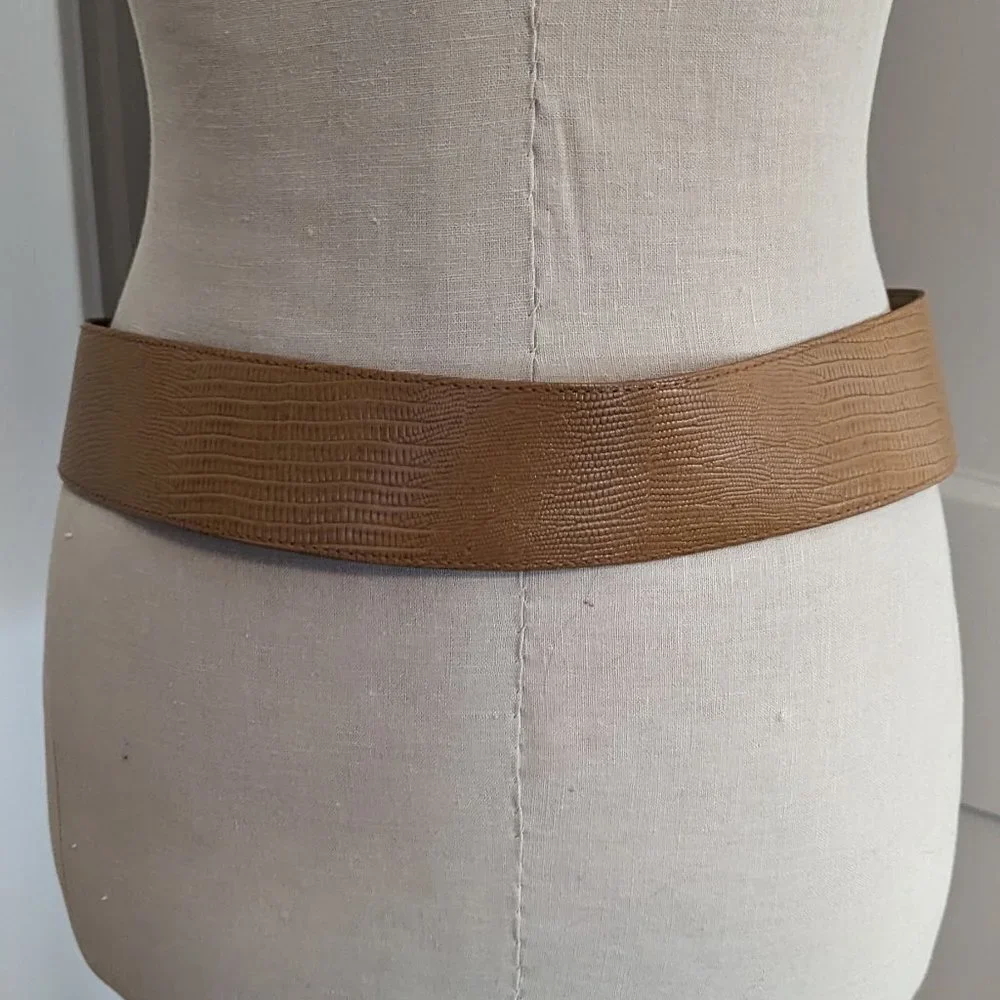Vintage Textured Leather Belt Wide Tan Yellow‎ Brown Gold Tone Buckle Hardware